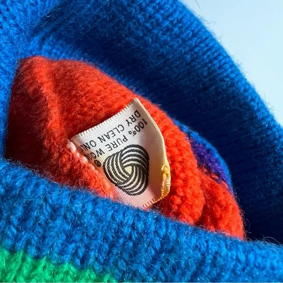 Vintage Rainbow Pom Pom Hat Beanie Striped Wool - Picture 6 of 7
